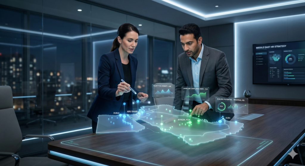 Business professionals analyzing HR compliance in UAE and scaling in KSA on a digital map.