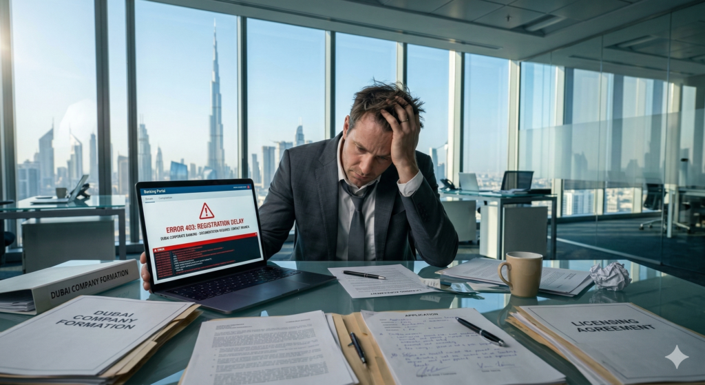 Executive frustrated by corporate bank account opening Dubai delays caused by a virtual license setup.