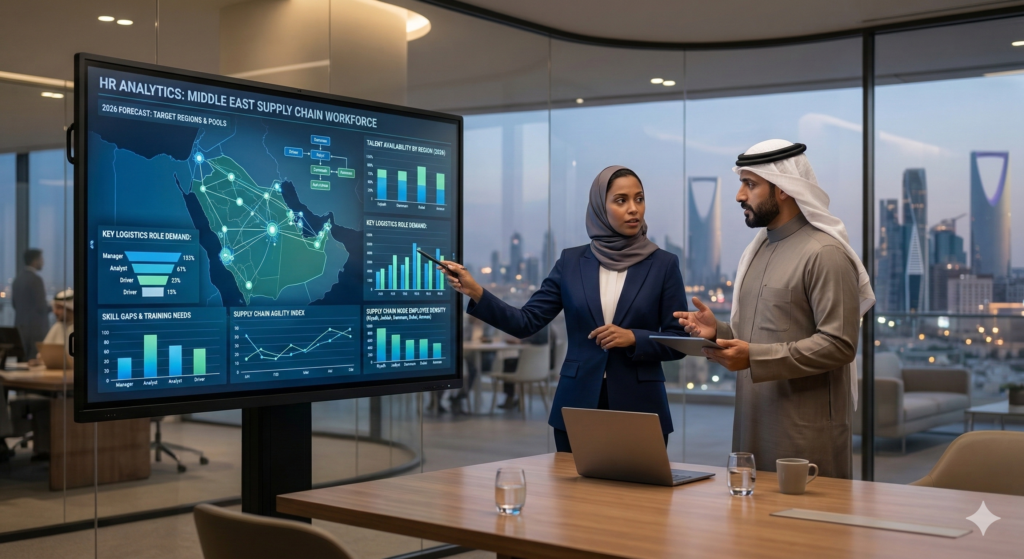 HR professionals analyzing Middle East supply chain talent data.