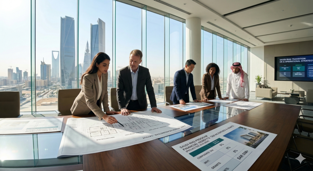 Corporate executives analyzing the financial impact of the Saudi RHQ program in a Riyadh office.