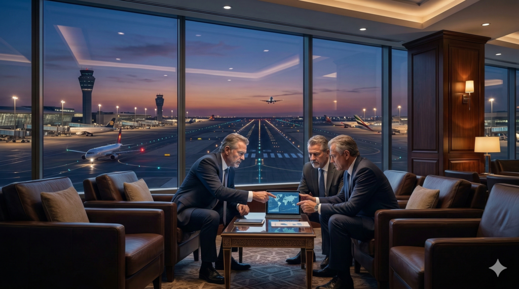 Executives discussing a localized executive team GCC strategy in a Riyadh airport lounge.