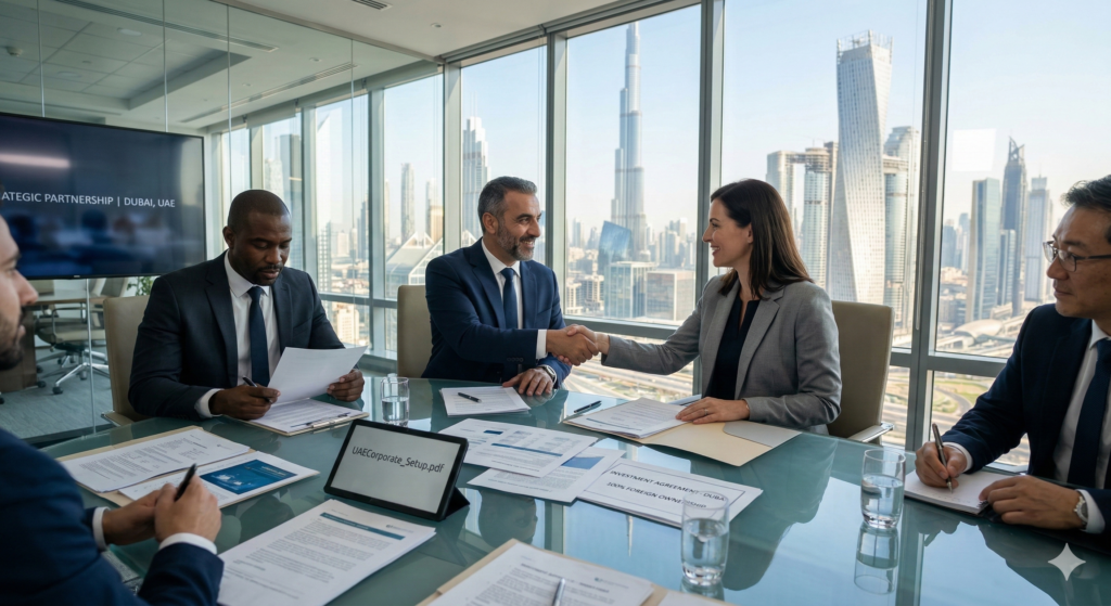 Corporate executives finalizing a business setup in Dubai without a sponsor in a modern office.